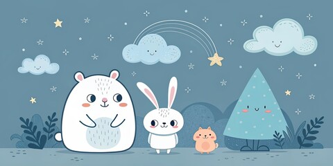 minimalist cute cartoon blue grey background