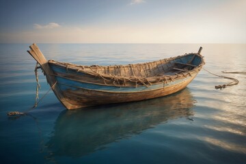 Old wooden fishing boat resting on a sandy beach by the ocean with a clear sky and tropical coastal scenery - Powered by Adobe