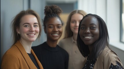 Fototapeta premium Diverse happy, confident employee women standing in the office hallway together.