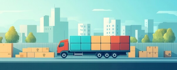 A colorful illustration of a truck loaded with boxes, passing through a cityscape with buildings and trees, depicting a scene of transportation and logistics.