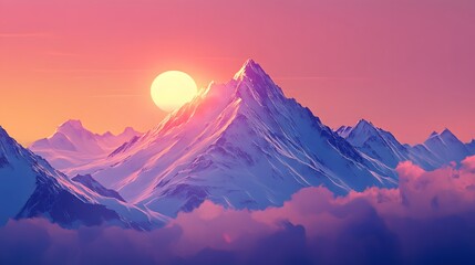 Naklejka premium Snow-capped Mountain Range Under a Pink Sunset Sky