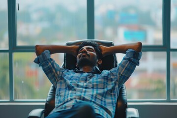 Man is laying in a chair with his head on his hand. He is wearing a blue shirt and blue jeans. The room has a window with a view of the city. The man is relaxed and at ease