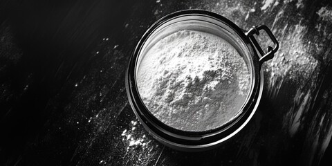 White powder is in a glass bowl. The bowl is on a dark surface
