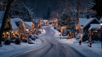 Fototapeta premium A Christmas Village with snow, Christmas lights and Santas