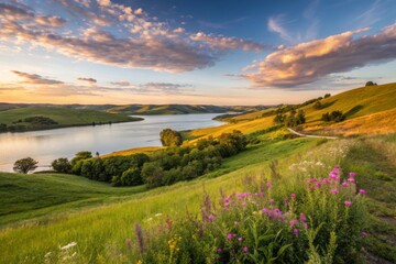 Fototapeta premium Lush Green Rolling Hills in Soft Focus - Serene Landscape with Vibrant Nature and Tranquil Vibes
