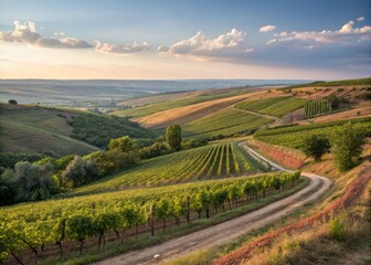 Lush Orchards of Ripening Grapes Stretching Towards the Horizon Under a Clear Blue Sky in Autumn