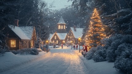 A Christmas Village with snow, Christmas lights and Santas