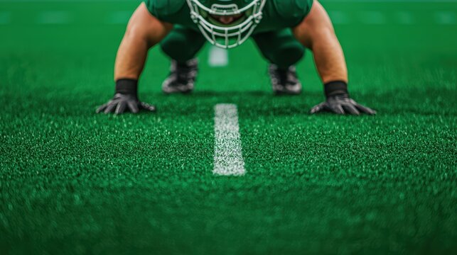 A close-up of a football player in a stance on a vibrant green field, preparing for a play with intense focus.