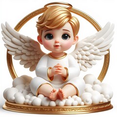 A cartoon angel boy with a golden halo sits on a cloud. Isolated on white and gold background. 
