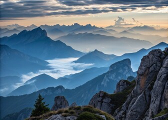 Fototapeta premium Majestic Mountain Landscape with Layered Peaks Beneath a Vast Sky in Breathtaking Natural Beauty