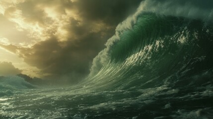 Fototapeta premium A cinematic still of the edge of an enormous wave with dark clouds in the background