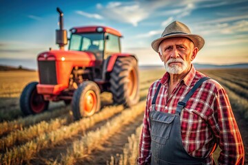Deep focus captures the farmer's wisdom, the tractor's power, and the expanse of the land.