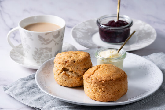 Tea with homemade scone 1 -  white marble backbround 1 