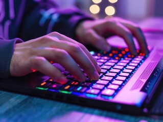 Person is typing on a keyboard with a purple background. The keyboard is illuminated with neon colors, giving the image a futuristic and energetic vibe
