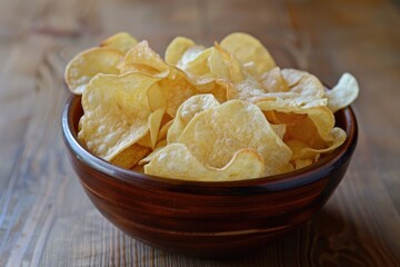 Bowl of potato chips on a wooden table. The chips are golden brown and appear to be freshly made. The bowl is brown and has a rustic, homey feel to it. Concept of comfort and indulgence
