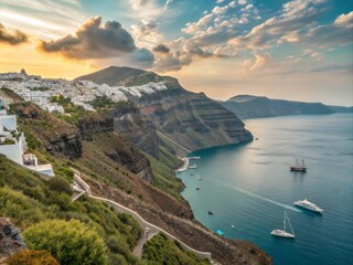 Obraz premium Picturesque Whitewashed Houses Cascading Down Steep Cliffs Overlooking the Aegean Sea in Santorini