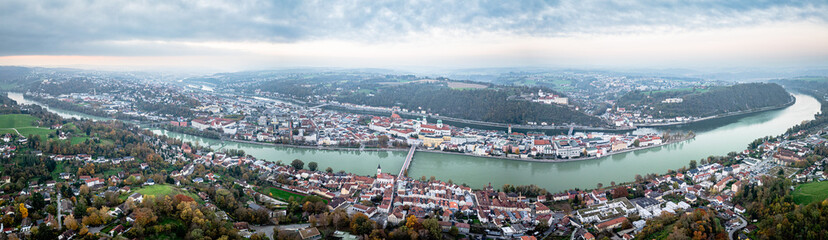Fototapeta premium Passau Bavaria Germany. Aerial panorama of the old town, Inn and Donau