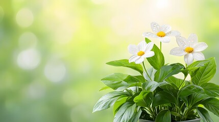 A serene image of white flowers blooming among lush green leaves, set against a soft, blurred background, evoking tranquility and nature's beauty.