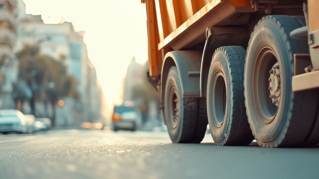 A close-up view of the wheels of a dump truck on a city street, showcasing the vehicle's heavy-duty design and urban environment.