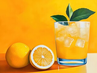 Fototapeta premium Refreshing glass of ice cubes and lemon slices, perfect for a cool summer drink on a sunny day.