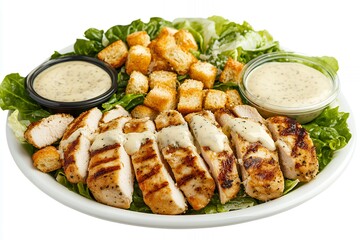A white plate with a Caesar salad with grilled chicken, croutons, and Caesar dressing.