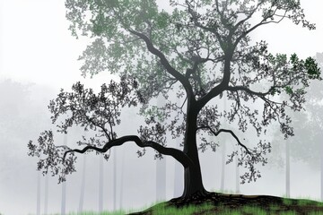 Fototapeta premium Serene minimalistic landscape with lone tree in misty forest