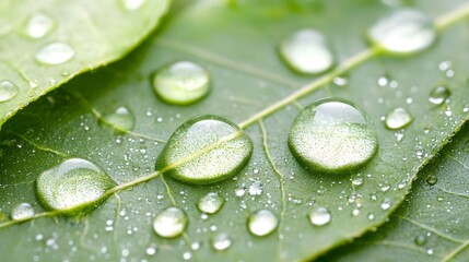 Dewdrops nature texture concept. Close-up of fresh green leaves adorned with glistening water droplets, capturing the beauty of nature and the interplay of light and moisture.