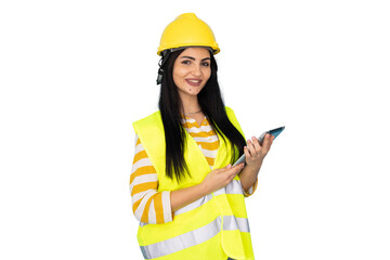 Smiling young woman engineer wearing a construction helmet