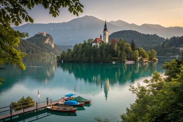 Obraz premium Serene Lake Bled with Turquoise Waters Reflecting Majestic Julian Alps Under Clear Blue Sky
