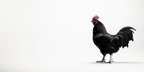 Black chicken stands in front of a white background. The chicken is the main focus of the image, and it is looking to the right. The white background creates a sense of contrast