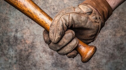 A weathered hand in a glove grips a wooden baseball bat, showcasing details of wear on both the bat and glove.
