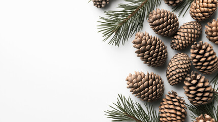 Close-up of pine cones and green pine branches arranged artistically on a white background.