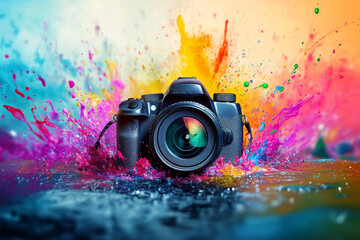 A camera emerges from a vibrant explosion of colorful splashes, symbolizing the creative power of photography