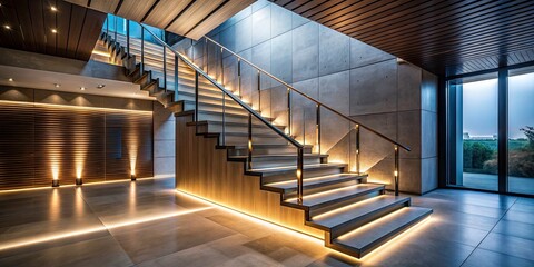 Obraz premium Modern Night Photography of a Sleek Minimalistic Staircase Leading Upward with Ambient Lighting and Elegant Design Elements