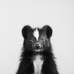 Adorable close-up portrait of a playful skunk with striking black and white fur, set against a minimalist white background, perfect for animal-themed designs.