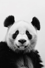 Adorable close-up portrait of a giant panda bear against a minimalist white backdrop, showcasing its iconic black and white fur and expressive eyes.