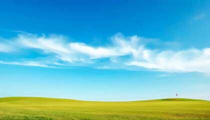 Fototapeta premium Green Grass Field Under Blue Sky With Clouds