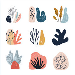 Collection of abstract seaweed aesthetic element and coral. 