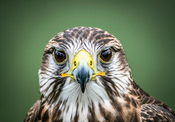 Close-up portrait of a fierce predatory bird with intense eyes and sharp beak