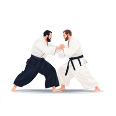 Two men practice aikido on mat.