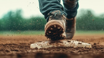 A close-up shot of a player's foot stepping onto a baseball base, kicking up dirt, showcasing motion and excitement in a game.