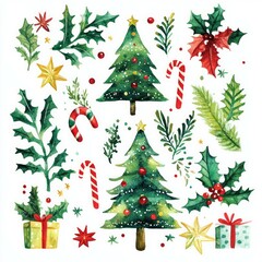 A collection of exquisite Christmas elements, including Christmas trees, Holly leaves, candy canes, stockings, gifts, stars etc.