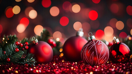 Beautiful red and gold Christmas ornaments with festive bokeh lights during the holiday season