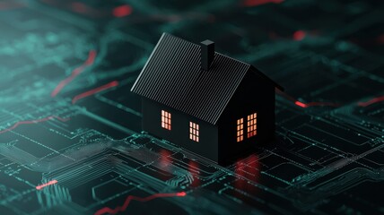A miniature black house with glowing windows sits on a digital circuit board, merging traditional home imagery with modern technology.