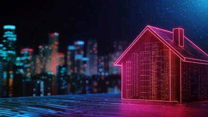 A futuristic, neon-lit house design against a city skyline, showcasing a blend of technology and urban living.
