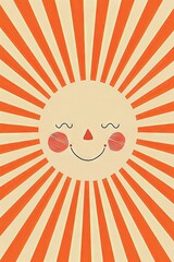 Cheerful Cartoon Sun with Blush, Radiating Warmth and Joy, Set Against a Playful Orange and Cream Sunburst Background For Happy Themes.