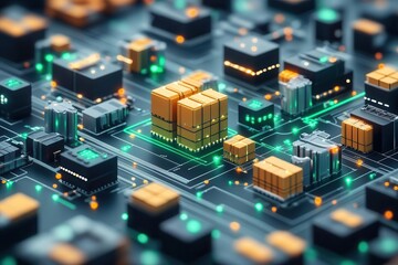 Obraz premium A vibrant digital landscape depicting interconnected data blocks and circuits, symbolizing technology and data processing.