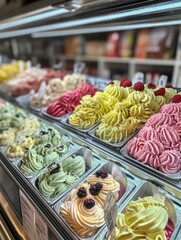 Display of ice cream with a variety of flavors and toppings. The display is organized and visually appealing, with the different flavors and toppings clearly labeled. Scene is cheerful and inviting