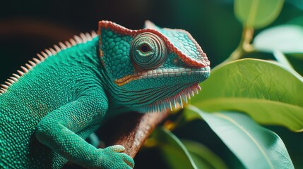 Obraz premium A vibrant green lizard perched among lush leaves, showcasing its unique texture and colorful features in a natural setting.