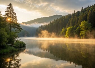 Fototapeta premium Soft Golden Sunlight Breaking Through Delicate Fog at Lacu Rosu, Capturing Nature's Serenity